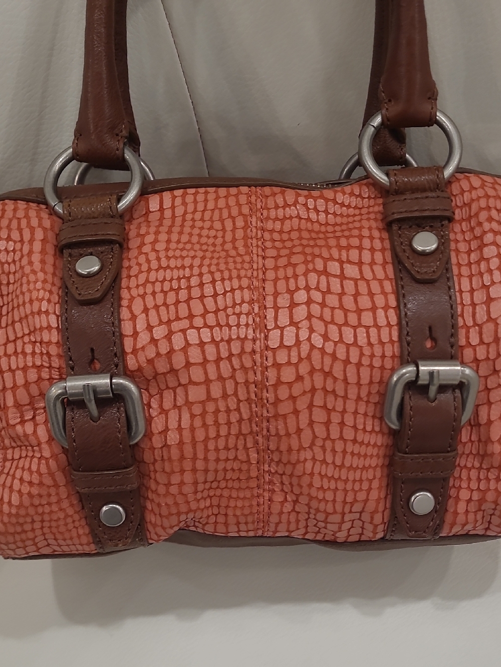 Fossil Coral-Orange Textured Satchel with Brown Trim - Picture 2 of 4
